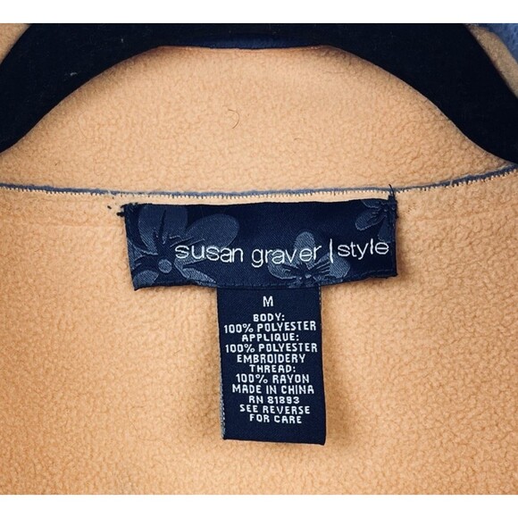 VTG Susan Graver Blue Fleece Jacket Women’s SZ M Black Floral Embroidery Zip - Picture 8 of 11